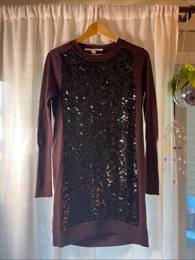 Diane Von Furstenberg Wine Long Sleeve Sequin Front Dress